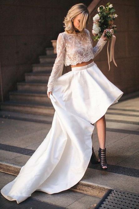 high low two piece bateau lace wedding dress with long sleeves dtw148