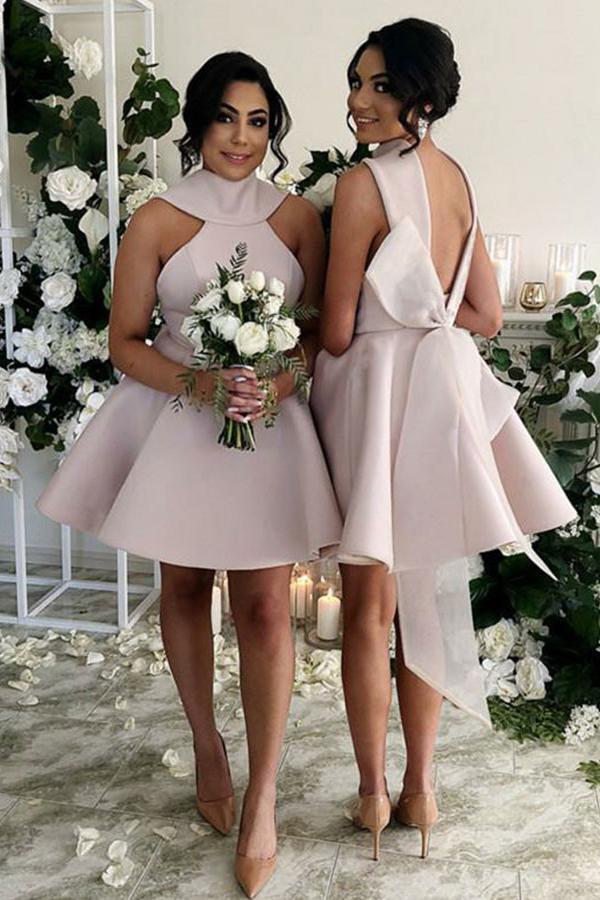 high neck satin short blush short/mini bridesmaid dresses with bowknot dtb21