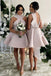 high neck satin short blush short/mini bridesmaid dresses with bowknot dtb21