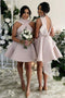 High Neck Satin Short Blush Short/Mini Bridesmaid Dresses with Bowknot