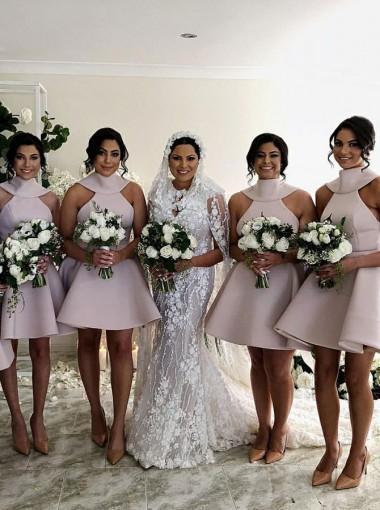 High Neck Satin Short Blush Short Mini Bridesmaid Dresses with Bowknot