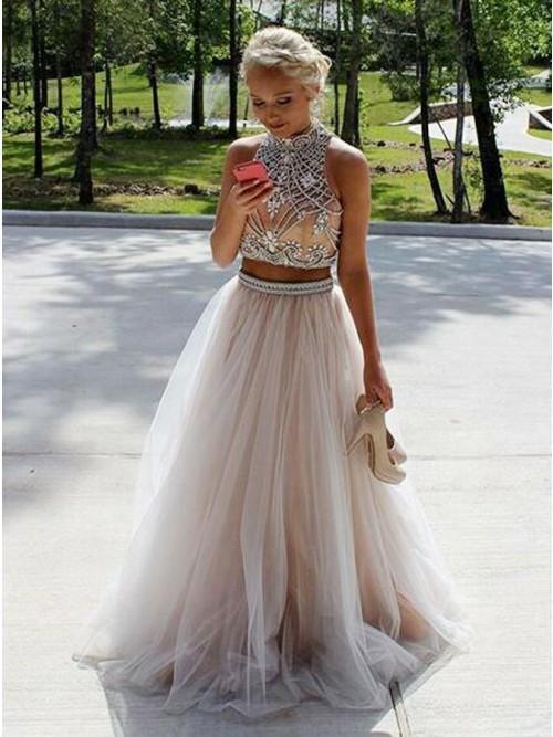 high neck tulle beaded two piece prom dress with keyhole back dtp413
