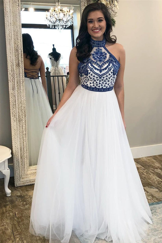high neck white blue embroidery long backless prom dress dtp103