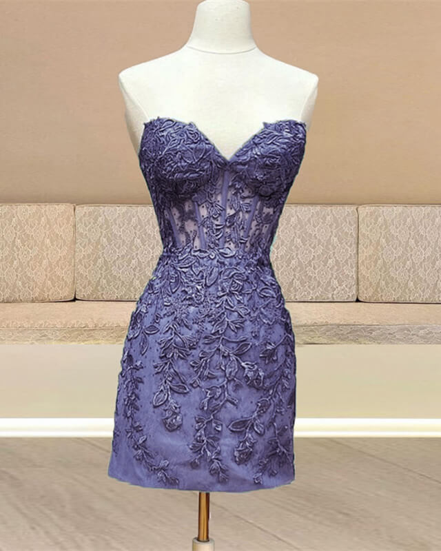 Lavender Strapless Corset Lace Bodycon Homecoming Dresses, Tight Short Party Dress