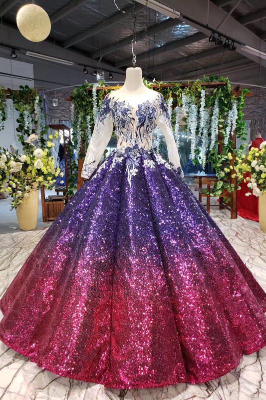 sparkly long sleeve ball gown sequins ombre quinceanera dresses with appliques dtp821