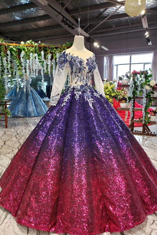 Sparkly Long Sleeve Ball Gown Sequins Ombre Quinceanera Dresses With Appliques