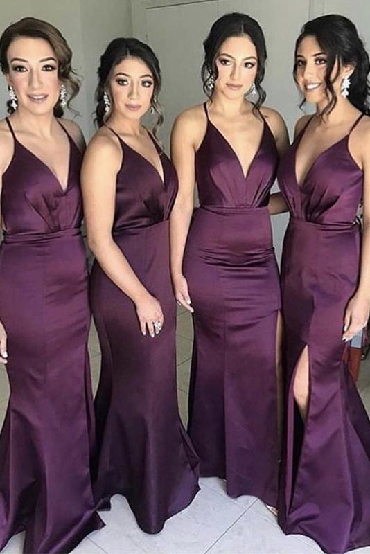 Sexy Plum Elastic Satin V-neck Mermaid Long Bridesmaid Dresses