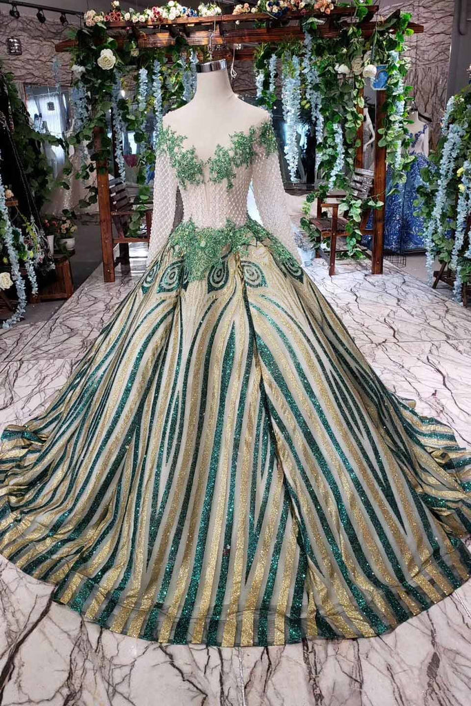 Luxurious Sequins Beaded Long Sleeves Ball Gown Quinceanera Gown