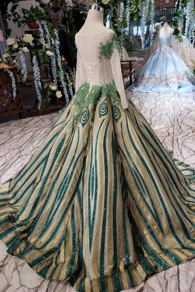 Luxurious Sequins Beaded Long Sleeves Ball Gown Quinceanera Gown