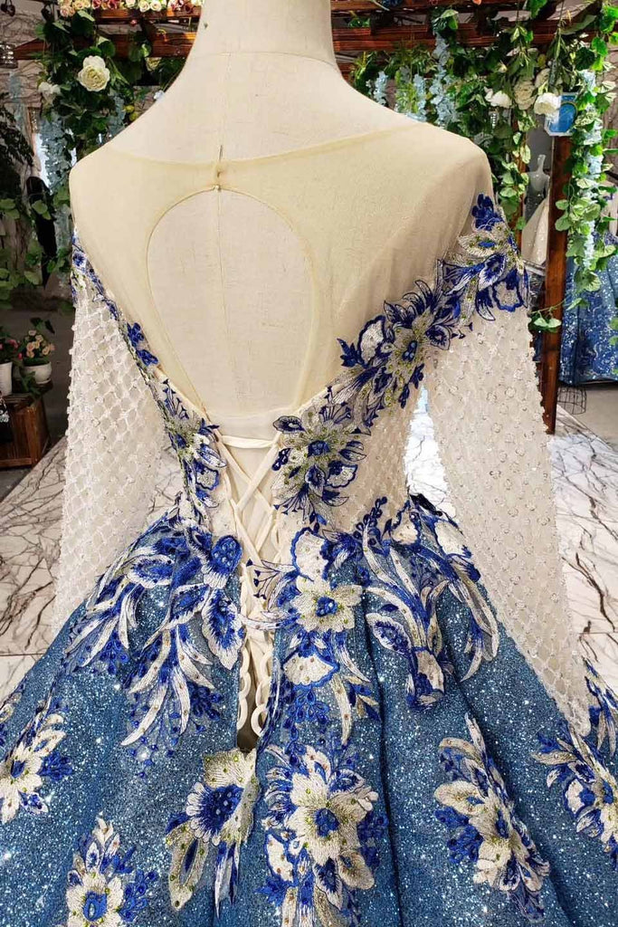 Glitter Beaded Appliques Long Sleeves Blue Ball Gown Quinceanera Gown