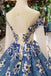 Glitter Beaded Appliques Long Sleeves Blue Ball Gown Quinceanera Gown