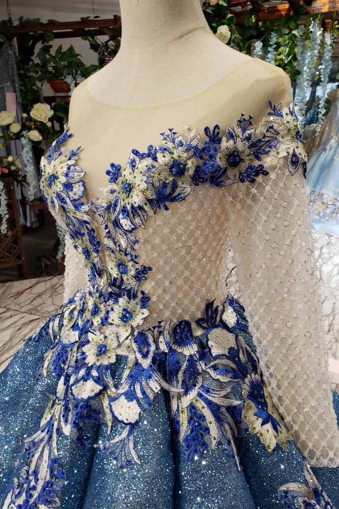 Glitter Beaded Appliques Long Sleeves Blue Ball Gown Quinceanera Gown
