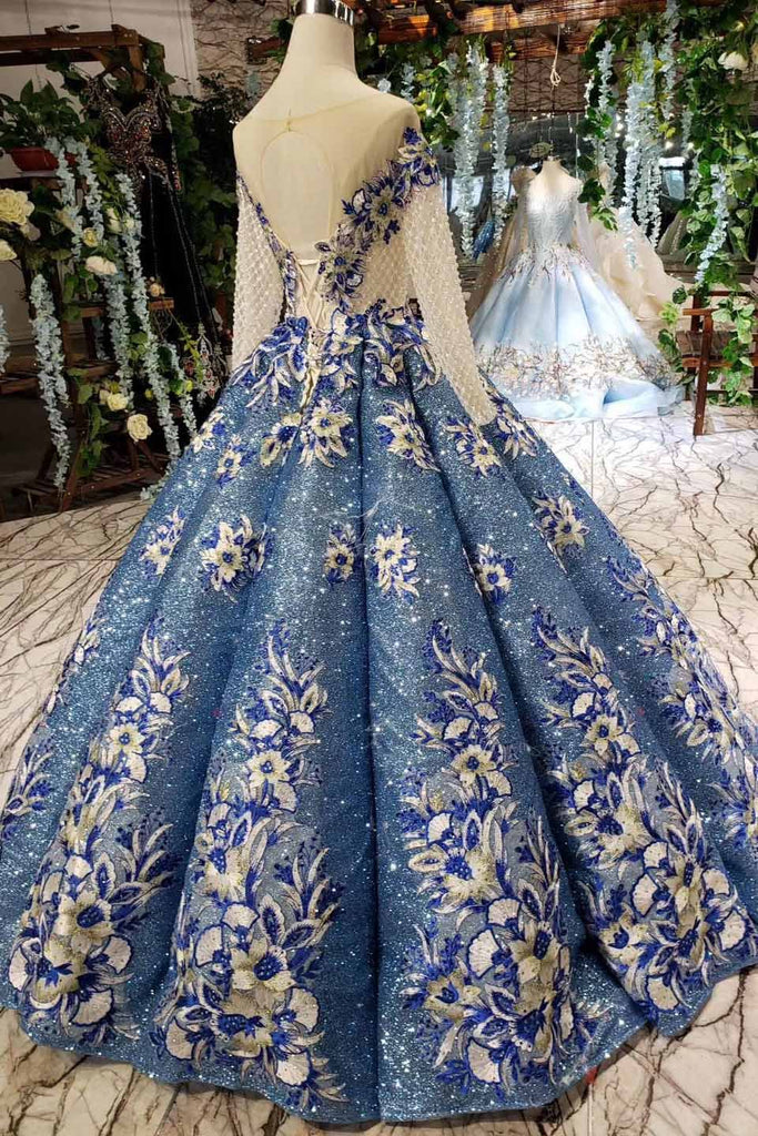 Glitter Beaded Appliques Long Sleeves Blue Ball Gown Quinceanera Gown