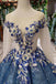 Glitter Beaded Appliques Long Sleeves Blue Ball Gown Quinceanera Gown