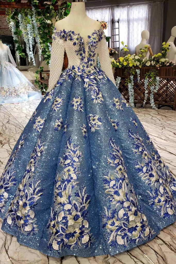 Glitter Beaded Appliques Long Sleeves Blue Ball Gown Quinceanera Gown