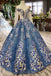 Glitter Beaded Appliques Long Sleeves Blue Ball Gown Quinceanera Gown