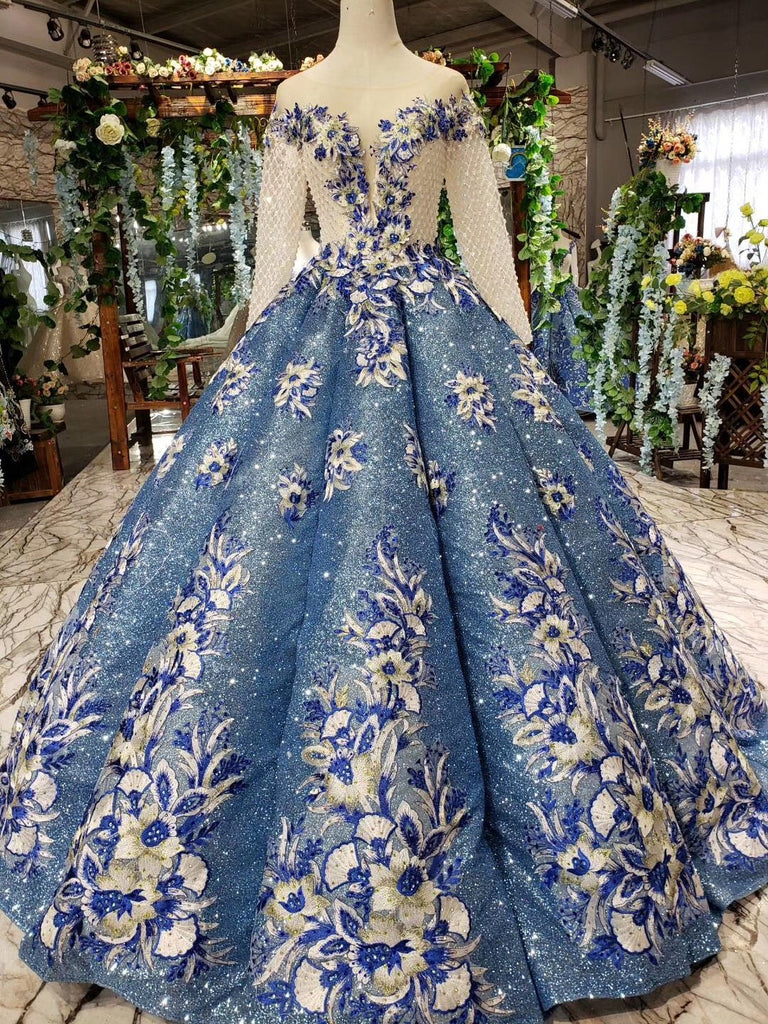 glitter beaded appliques long sleeves blue ball gown quinceanera gown dtp666