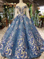 Glitter Beaded Appliques Long Sleeves Blue Ball Gown Quinceanera Gown