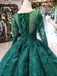 Princess Green Quinceanera Gown Beaded Appliques Long Sleeves Ball Gown