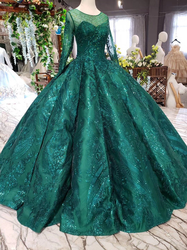 Princess Green Quinceanera Gown Beaded Appliques Long Sleeves Ball Gown ...