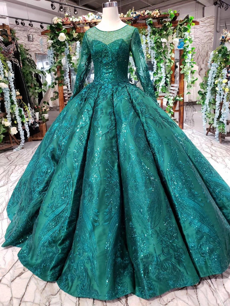 princess green quinceanera gown beaded appliques long sleeves ball gown dtp667