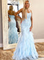 Mermaid Sky Blue Prom Dresses With Appliques,Strapless Formal Evening Dresses