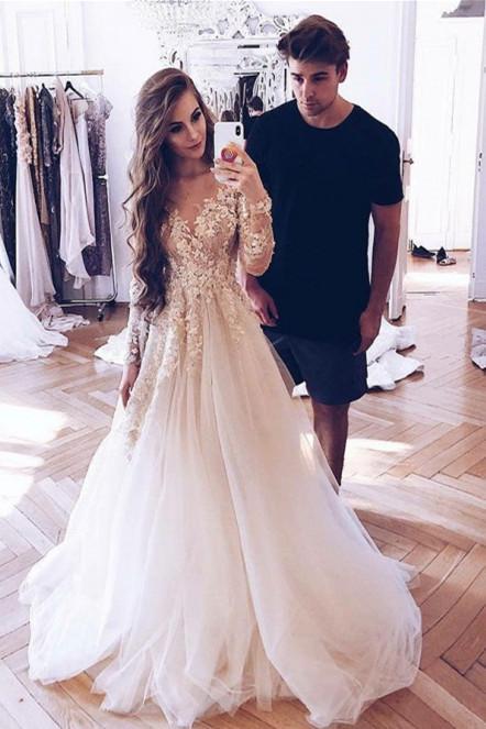 illusion round neck long sleeves tulle prom wedding dress with appliques dtw104