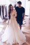 Illusion Round Neck Long Sleeves Tulle Prom Wedding Dress With Appliques