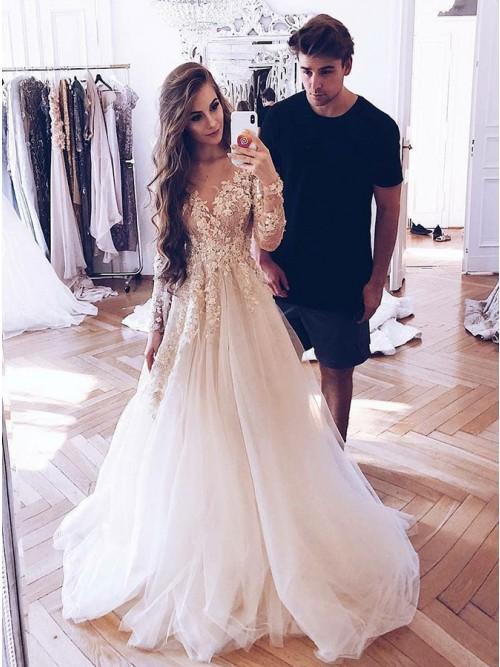 illusion round neck long sleeve tulle sleeveless wedding dress dtw74