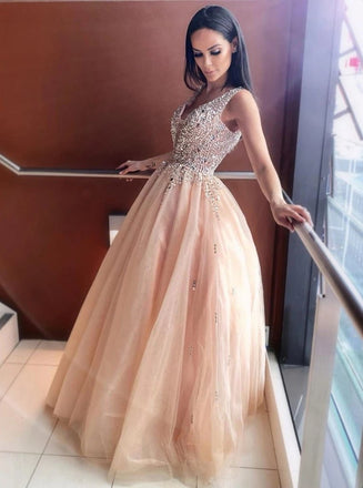 Sparkly A-line V-neck Beading Bodice Tulle Long Prom Dress