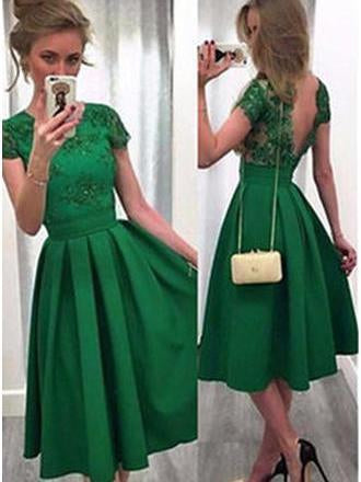 a-line scoop cap sleeve satin green cocktail party dresses with v-back dtp259