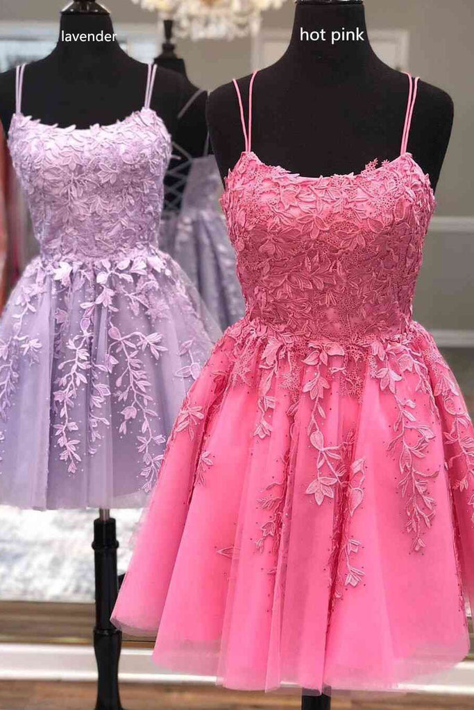 lace applique a-line homecoming dress short prom dress dth93