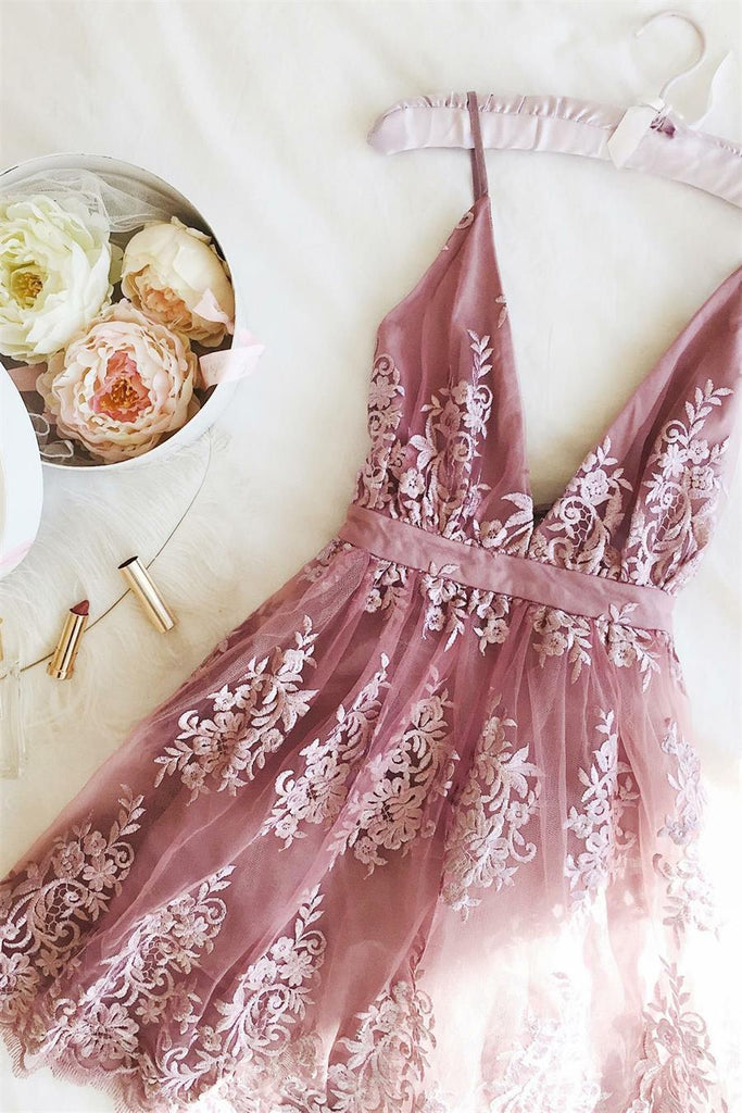 Pink Tulle A Line Short Homecoming Dress, Lace Appliqued V-neck Party Dress