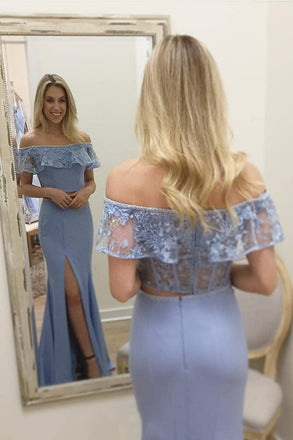 Lace Off-Shoulder Blue Prom Dresses Two Piece Sheath Slit Party Gown