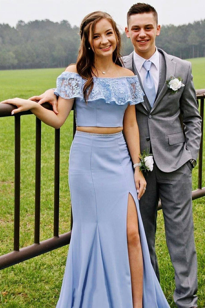 Lace Off-Shoulder Blue Prom Dresses Two Piece Sheath Slit Party Gown