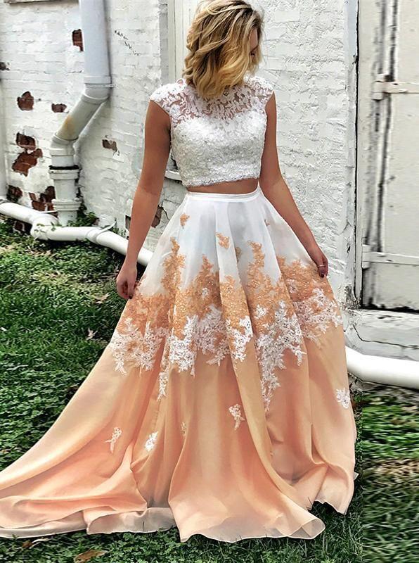 2 piece graduation dresses Two Pieces High Slit Pink Long Prom with White Lace Top, Pie Eip Collection and mermaid silhouette Two Piece Peach Graduation Dresses