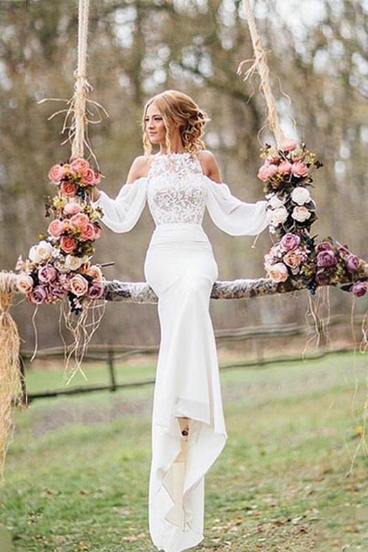 Lace Beach Wedding Dress Drop Long Sleeves Chiffon Mermaid Bridal Gowns DTW160 –
