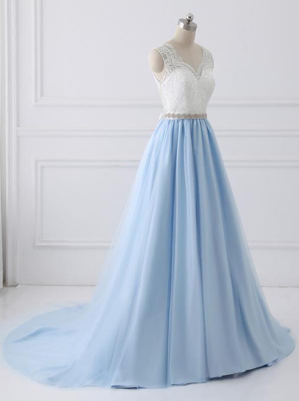 Straps A Line V Back Lace Beading Waist Long Prom Dress With Ribbon