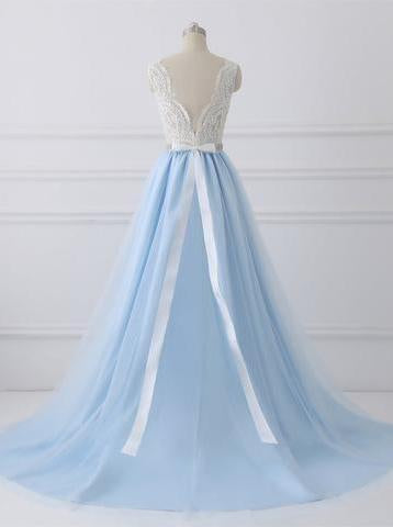 Straps A Line V Back Lace Beading Waist Long Prom Dress With Ribbon