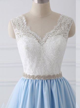 straps a-line v back lace beading waist long prom dress with ribbon dtp326