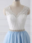 Straps A Line V Back Lace Beading Waist Long Prom Dress With Ribbon