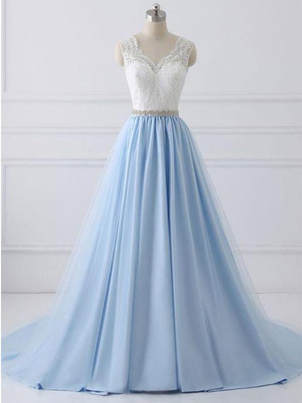 Straps A Line V Back Lace Beading Waist Long Prom Dress With Ribbon