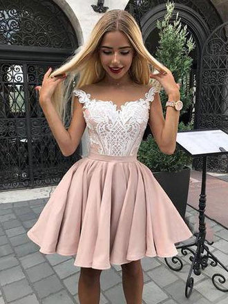 homecoming dress with lace bodice satin straps short prom dress dtp197