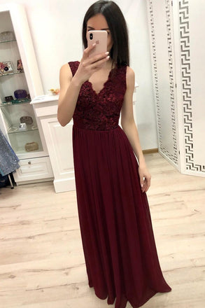 burgundy bridesmaid dress lace chiffon v-neck long prom dress dtp605
