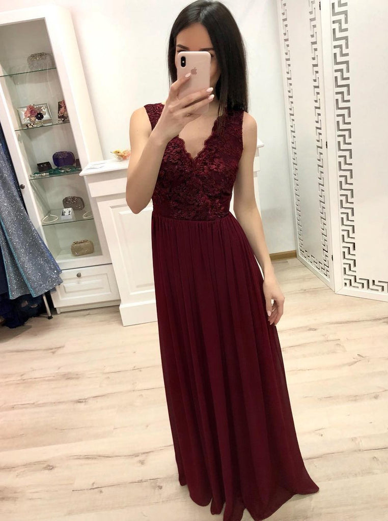 Lace Chiffon V-neck Long Prom Dress, Burgundy Bridesmaid Dress