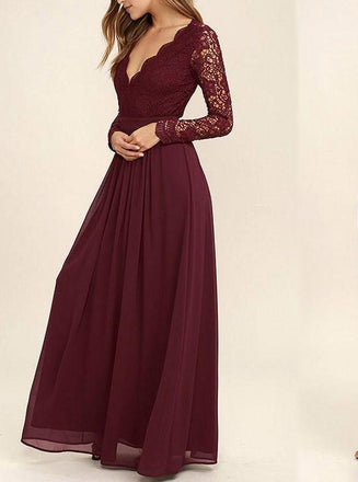Flowy Lace Chiffon V-Neck Backless Long Sleeves Burgundy Bridesmaid Dresses
