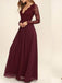 Flowy Lace Chiffon V-Neck Backless Long Sleeves Burgundy Bridesmaid Dresses