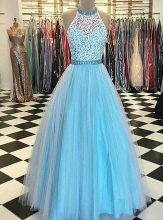 lace high neck floor length tulle blue long prom dresses with beading dtp485