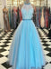 lace high neck floor length tulle blue long prom dresses with beading dtp485