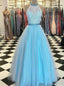 Lace High Neck Floor Length Tulle Blue Long Prom Dresses With Beading